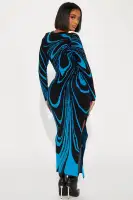 Abstract Print High Neck Sweater Maxi Dress - Long Sleeve Stretch Combo (Orange/Blue)(Blue/combo,XS)