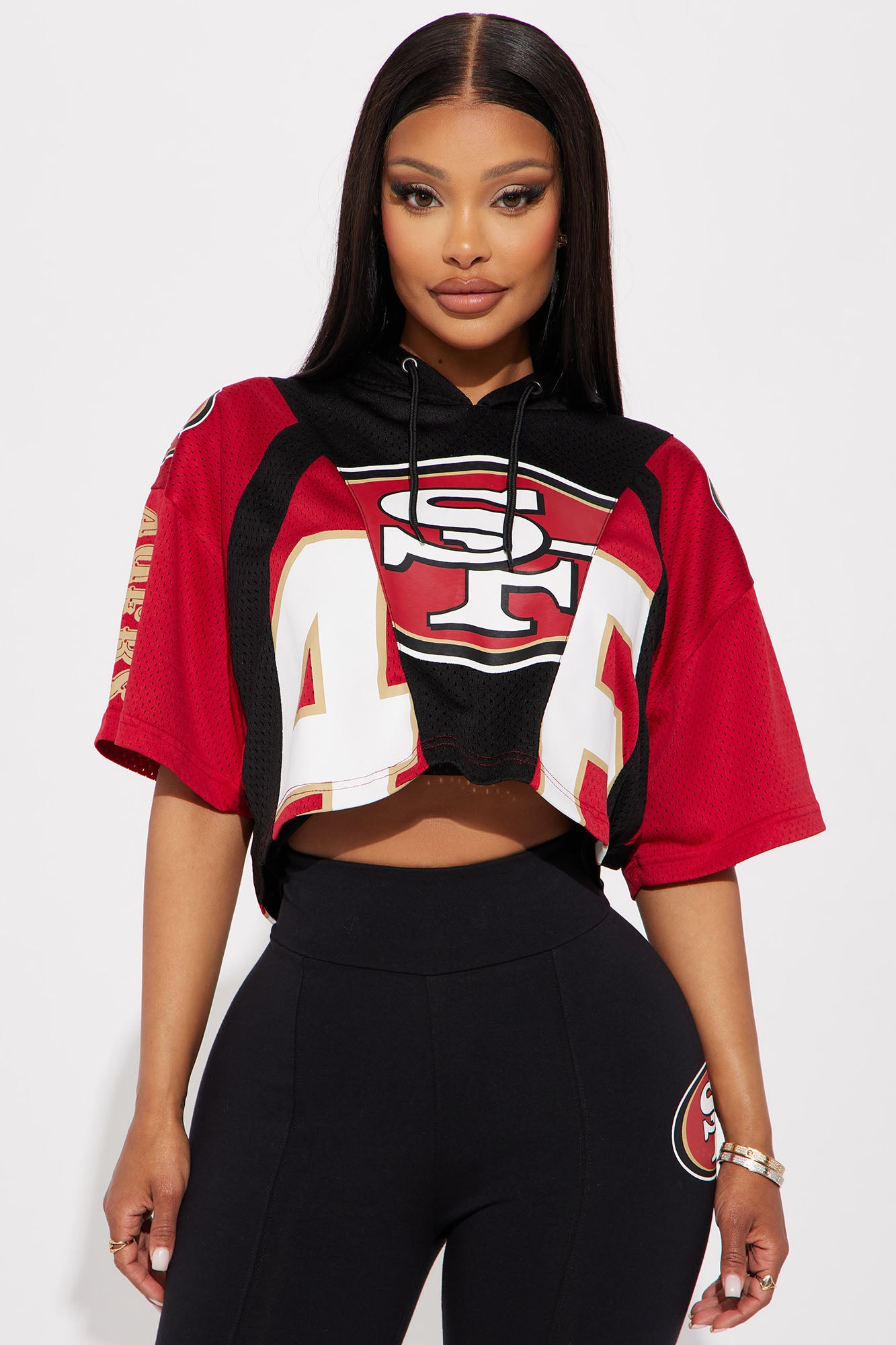 San Francisco 49ers Graphic Hooded Jersey & Flare Pant Set - Red Screen Printed Polyester Outfit