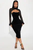 Elegant Black Velvet Midi Dress Set with Mesh Bolero – Sweetheart Neckline & Corset Waist