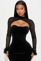 Elegant Black Velvet Midi Dress Set with Mesh Bolero – Sweetheart Neckline & Corset Waist(Black,XS)