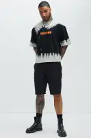 Black Crew Neck Screen Print Overalls 80% cotton 20% polyester, unique design, comfortable to wear, casual and versatile.(Black/combo,S)