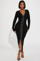 Elegant Black & Gold Sweater Maxi Dress - V-Neck, Long Sleeve, Button Down with Front Slit (50% Viscose, 30% Polyester, 20% Nylon)