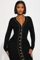Elegant Black & Gold Sweater Maxi Dress - V-Neck, Long Sleeve, Button Down with Front Slit (50% Viscose, 30% Polyester, 20% Nylon)(Black/Gold,XS)