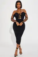 Elegant Black Off-Shoulder Midi Dress with Lace-Up Detail & Ruched Design