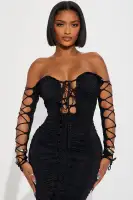 Elegant Black Off-Shoulder Midi Dress with Lace-Up Detail & Ruched Design(Black,XS)