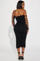 Elegant Black Off-Shoulder Midi Dress with Lace-Up Detail & Ruched Design(Black,XS)