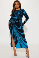 Abstract Print High Neck Sweater Maxi Dress - Long Sleeve Stretch Combo (Orange/Blue)(Blue/combo,XS)