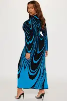 Abstract Print High Neck Sweater Maxi Dress - Long Sleeve Stretch Combo (Orange/Blue)(Blue/combo,XS)