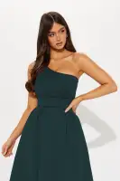 Sexy One Shoulder Mini Dress with Pockets - Red & Hunter Green, Stretchy Pleated Design(Hunter,XS)