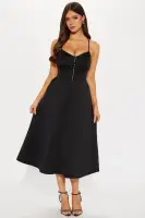 Elegant Black Corset Midi Dress with V-Neck & Spaghetti Straps – Stretchy, Pockets & Back Zipper