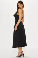 Elegant Black Corset Midi Dress with V-Neck & Spaghetti Straps – Stretchy, Pockets & Back Zipper(Black,XS)
