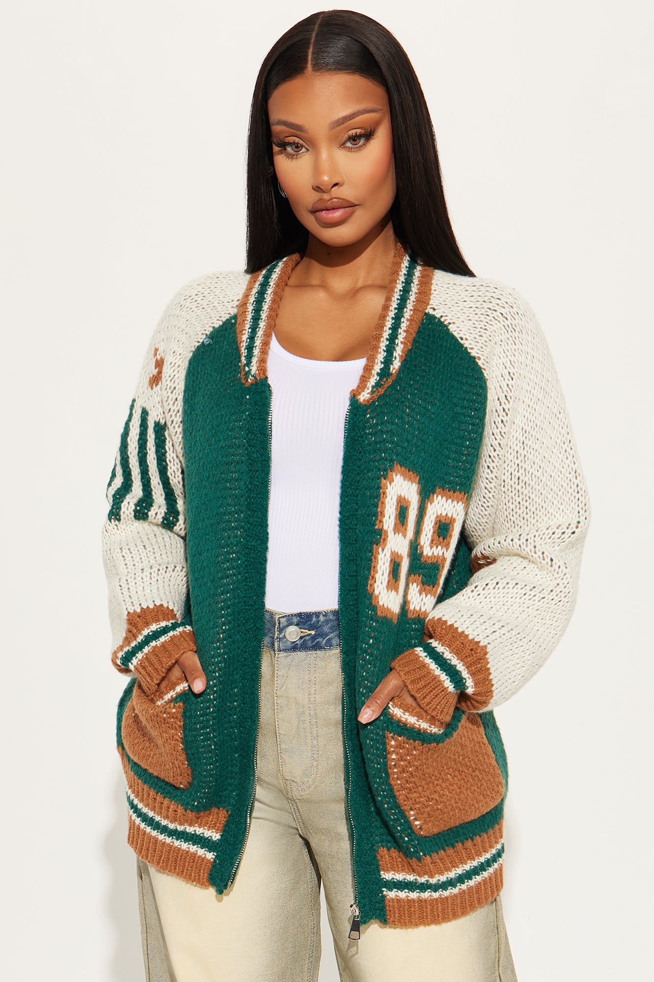 Vintage '89 Graphic Cardigan Sweater - Brown/Combo & Hunter, Long Sleeve with Zipper & Pockets