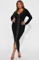 Elegant Black & Gold Sweater Maxi Dress - V-Neck, Long Sleeve, Button Down with Front Slit (50% Viscose, 30% Polyester, 20% Nylon)(Black/Gold,XS)