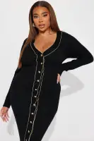 Elegant Black & Gold Sweater Maxi Dress - V-Neck, Long Sleeve, Button Down with Front Slit (50% Viscose, 30% Polyester, 20% Nylon)(Black/Gold,XS)