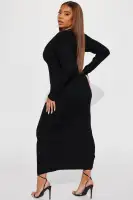 Elegant Black & Gold Sweater Maxi Dress - V-Neck, Long Sleeve, Button Down with Front Slit (50% Viscose, 30% Polyester, 20% Nylon)(Black/Gold,XS)