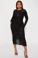 Distressed High Neck Sweater Maxi Dress - Long Sleeves, Low Back & Slit - Black & Hunter(Black,XS)
