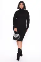 Stylish Stretch Mock Neck Midi Dress - Long Sleeve in 5 Colors (Black, Fuchsia, Mustard, Burgundy, Red)(Black,XS)