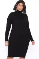 Stylish Stretch Mock Neck Midi Dress - Long Sleeve in 5 Colors (Black, Fuchsia, Mustard, Burgundy, Red)(Black,XS)