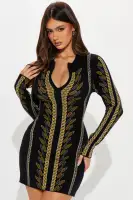 Stylish Mock Neck Half-Zip Sweater Mini Dress - Black/Combo, Long Sleeve & Stretchy (32 Length)(Black/combo,XS)