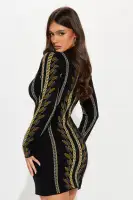 Stylish Mock Neck Half-Zip Sweater Mini Dress - Black/Combo, Long Sleeve & Stretchy (32 Length)(Black/combo,XS)