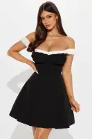 Sexy Off-Shoulder Corset Mini Dress with Ruched Sleeves & Boned Waist – Black(Black,XS)