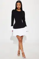 Chic Mini Sweater Bubble Dress with Puff Sleeves & Contrast Hem - Black/White