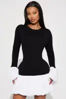 Chic Mini Sweater Bubble Dress with Puff Sleeves & Contrast Hem - Black/White(Black/White,XS)