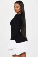 Chic Mini Sweater Bubble Dress with Puff Sleeves & Contrast Hem - Black/White(Black/White,XS)