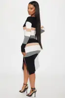 Elegant Striped Midi Dress with Square Neck & Long Sleeves – Side Slit & Stretch Fabric(Black/combo,XS)