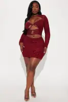 Velvet Burnout Mesh Mini Dress with Sweetheart Neckline & Lace Trim – Black & Burgundy(Burgundy,XS)