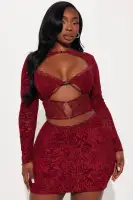 Velvet Burnout Mesh Mini Dress with Sweetheart Neckline & Lace Trim – Black & Burgundy(Burgundy,XS)