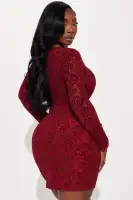 Velvet Burnout Mesh Mini Dress with Sweetheart Neckline & Lace Trim – Black & Burgundy(Burgundy,XS)