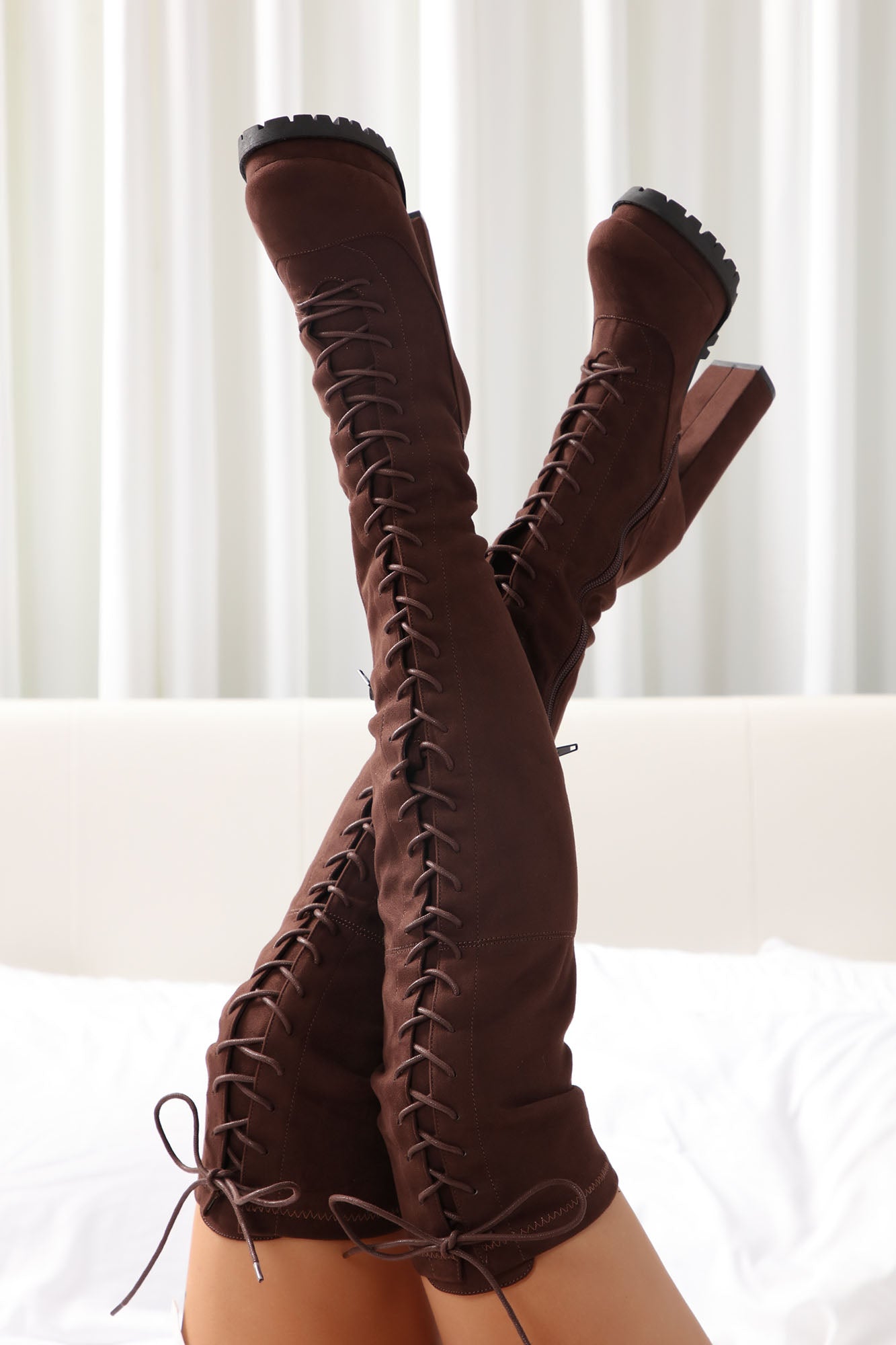 Chocolate 4.5 Ultra High Block Heel Over-The-Knee Boots with Lace-Up & Inner Zipper – Stylish & Comfortable