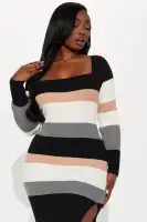 Elegant Striped Midi Dress with Square Neck & Long Sleeves – Side Slit & Stretch Fabric(Black/combo,XS)