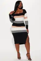 Elegant Striped Midi Dress with Square Neck & Long Sleeves – Side Slit & Stretch Fabric(Black/combo,XS)