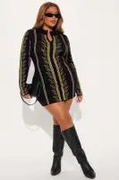 Stylish Mock Neck Half-Zip Sweater Mini Dress - Black/Combo, Long Sleeve & Stretchy (32 Length)(Black/combo,XS)