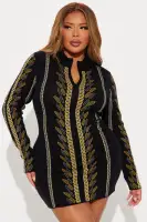 Stylish Mock Neck Half-Zip Sweater Mini Dress - Black/Combo, Long Sleeve & Stretchy (32 Length)(Black/combo,XS)