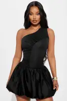 Chic One-Shoulder Ruched Bubble Mini Dress - Black & Eggplant - Stretchy & Flirty(Black,XS)