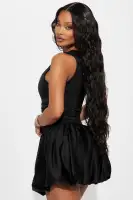 Chic One-Shoulder Ruched Bubble Mini Dress - Black & Eggplant - Stretchy & Flirty(Black,XS)