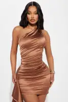 Elegant One-Shoulder Satin Mini Dress with Ruffle Detail – Red & Mocha(Mocha,XS)
