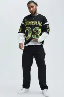 Crew Neck Long Sleeve Black Wash Cotton Polyester Casual Top(Black/combo,S)