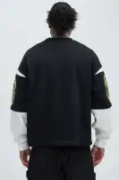 Crew Neck Long Sleeve Black Wash Cotton Polyester Casual Top(Black/combo,S)