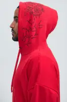 Red Drawstring Long Sleeve Screen-Printed Cotton-Polyester Hoodie(Red,S)