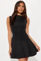 Elegant Pleated Mini Dress - Boat Neck Sleeveless with Back Zipper, Stretchy Polyester Blend, Black & Cream Options(Black,XS)