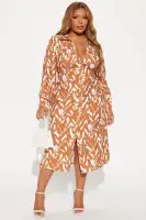 Elegant Mocha Midi Dress with Collar Neckline & Long Sleeves – Button Front, 90% Rayon(Mocha/combo,XS)