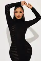 Elegant Black Sweater Midi Dress with Cut-Out Back & Zipper – Long Sleeve Turtle Neck Stretch Rayon Blend(Black,XS)
