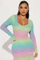 Elegant V-Neck Sweater Maxi Dress with Long Sleeves & Back Slit – Stretchy & Stylish in Multi Colors(Multi Color,XS)