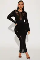 Distressed High Neck Sweater Maxi Dress - Long Sleeves, Low Back & Slit - Black & Hunter