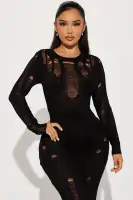 Distressed High Neck Sweater Maxi Dress - Long Sleeves, Low Back & Slit - Black & Hunter(Black,XS)