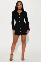 Stylish Black & Pink Sweater Mini Dress with Collar Neckline & Long Sleeves(Black,XS)